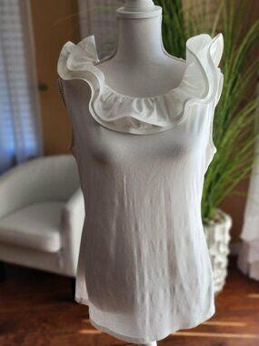 Sara Campbell white Ruffle Neck Sleeveless Top Size L Made in USA